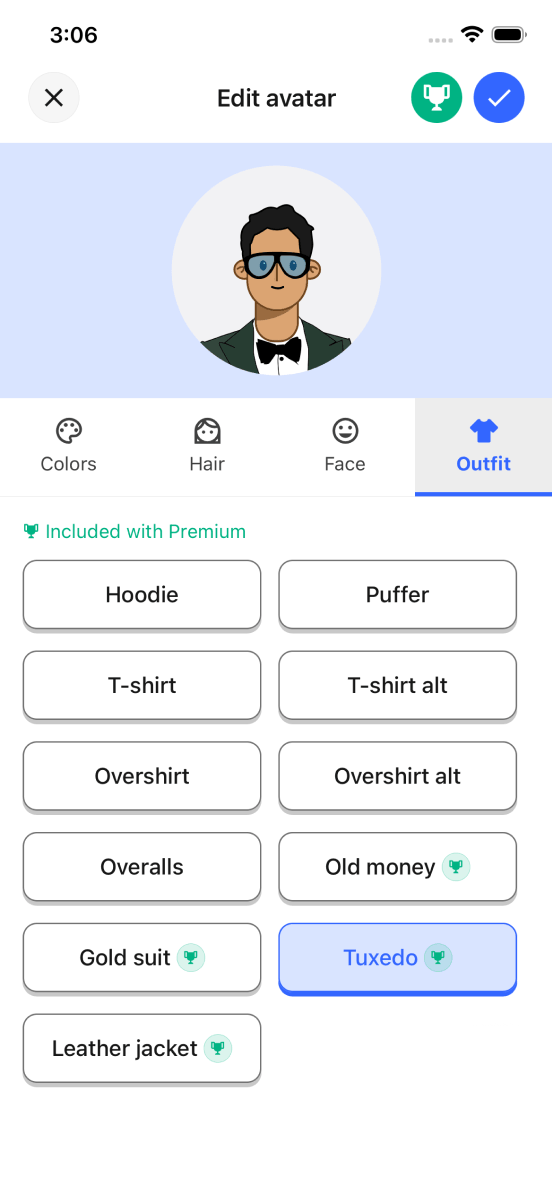 The avatar editor, showing outfit options
