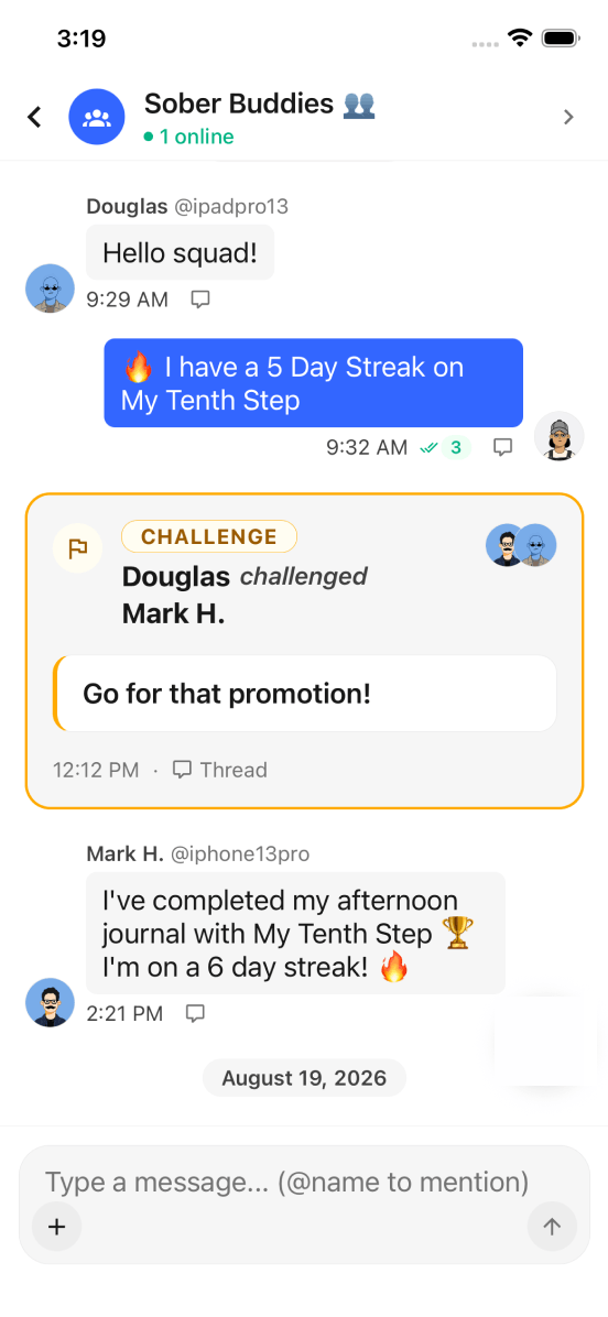 An encrypted squad chat with a support request and crisis resources