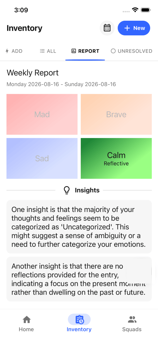 A weekly report showing mood breakdown and AI insights