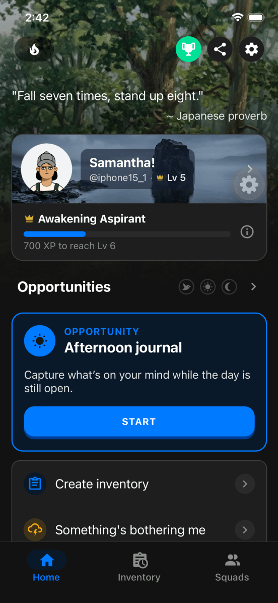 The My Tenth Step home screen showing a streak and daily opportunities